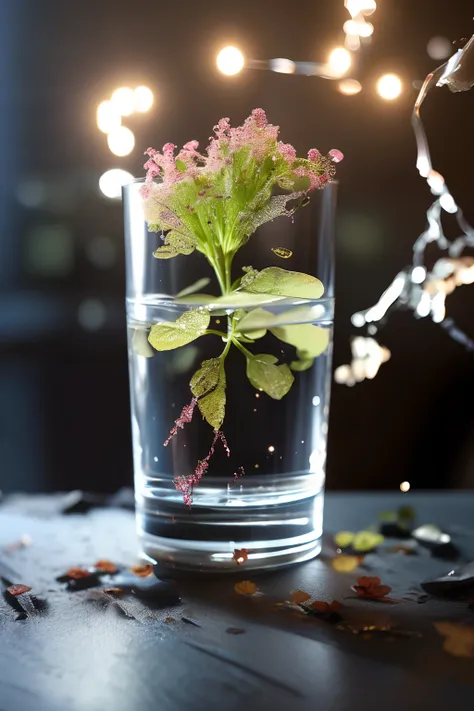 Hyperrealistic, 8k, volumetric, HDR, cinematic, master piece, A close-up of a broken bulb (((broken from which a beautiful flowering plant grows))). The light bulb is still screwed into its socket and the glass is shattered. The background has soft shadows...