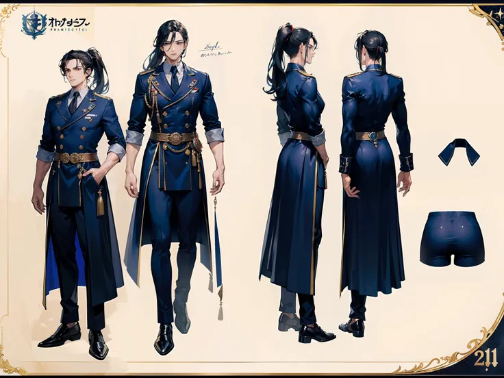 ((Masterpiece, Highest quality)), Detailed face, character design sheet， full bodyesbian, Full of details, frontal body view, back body view, Highly detailed, Depth, Many parts, Muscle boy with ponytail long black hair，handsome man, muscle body, navy, comm...