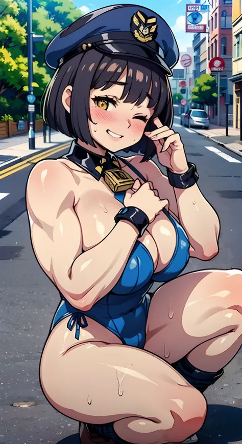 (Perfect body),Best Quality,(8K Portrait),(Official art)、(NSFW)、(((muscular)))、(Police Hat)、embarrassed from、1girl in,(Grinning smile)、((One eye is closed))、showing teeth、(((thick thighs)))、 ((Surprised))、(((blush))),(Sweat),((((large udder))))、(big butts)...