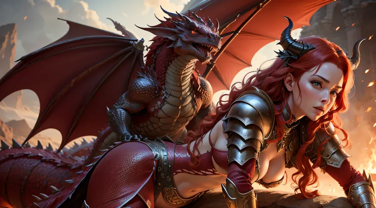 high res, ultra realistic, beautiful dragon queen with curly red hair in skimpy dragon scale armor riding on the back of red dragon