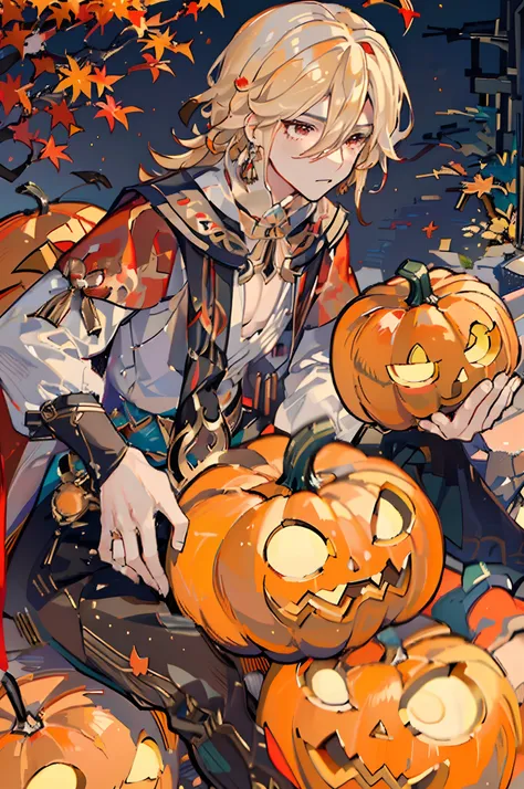 ((masterpiece, best quality)), ((autumn, maple leaf, autumn orange leaves)), kaveh, blond hair, red eyes, ((black pants)), feath...