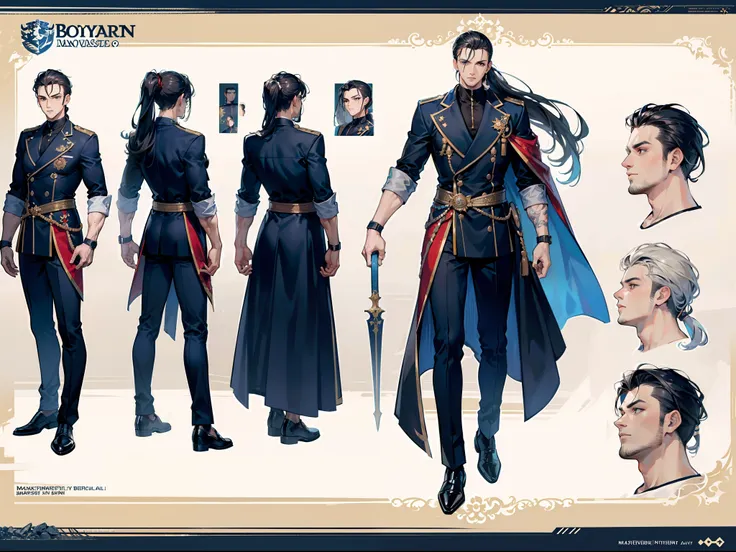 ((Masterpiece, Highest quality)), Detailed face, character design sheet， full bodyesbian, Full of details, frontal body view, back body view, Highly detailed, Depth, Many parts, Muscle boy with ponytail long black hair，handsome man, muscle body, navy, comm...