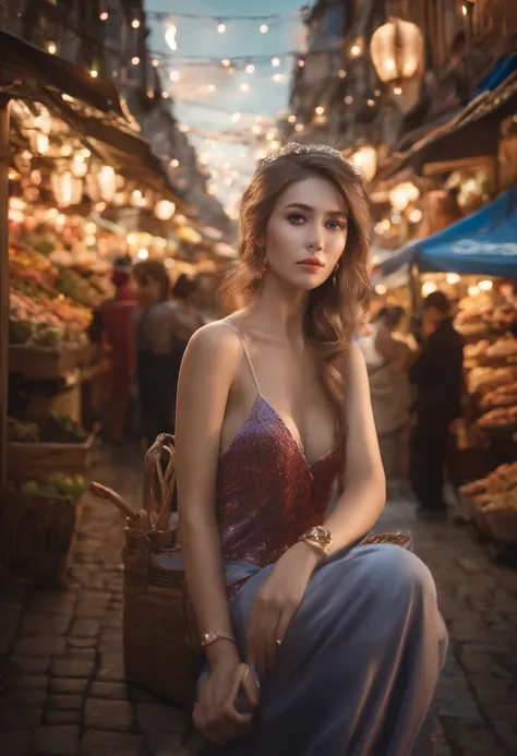 Regennde Nacht,Stadt,A beautiful woman in gyaru makeup in a sports suit on the busy streets of Gintama, Surrounded by vendors, Beautiful portrait of a stunning goddess girl, beautiful detailed face, Porzellanhaut, full-body shot, zentriert, Ultraweiche Bel...