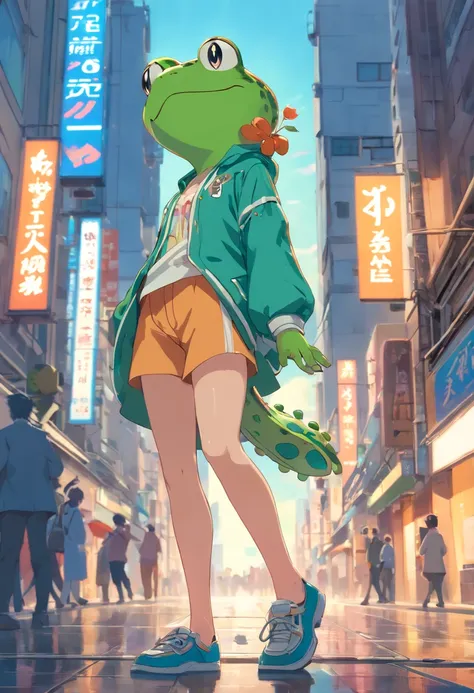 ((foto crua)), ((obra-prima)), anthropomorphic humanoid frog wearing clothes, andando no meio das pessoas, patas grandes detalhe intrincado, intricate Greebles pieces, city behind, corpo grande