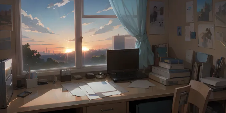 there is a computer on a desk in front of a window, anime background art, personal room background, anime scene, office background, interior background art, realistic scene, anime background, style of makoto shinkai, anime scenery concept art, anime scener...