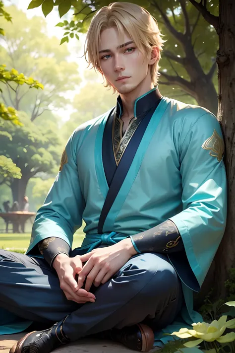 guy, Cyan eyes, blonde man, Sitting by a tree, in the lotus position, 真实感, higly detailed