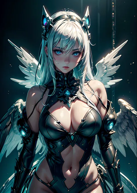 top-quality、​masterpiece、超A high resolution、(Photorealsitic:1.4)、Raw photo、Powered Suit Angel、large wings made of metal、White porcelain body、Acrylic Clear Cover、white  hair、glowy skin、1 Powered Suit Girl、((super realistic details))、portlate、globalilluminat...