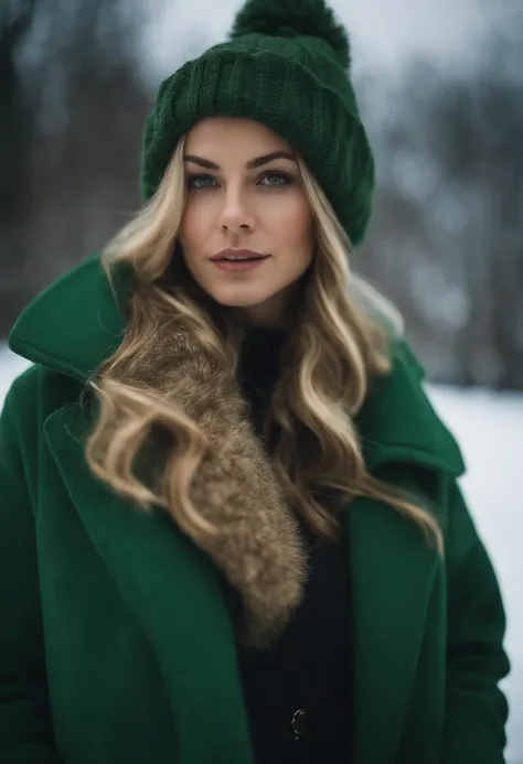 Portrait of a beautiful, attractive young woman, wear intense winter attire, Tendances sur Art Station, Style de couverture de magazine, pose intimidadora, fashionable clothes, cheveux mi-long wavy blond au yeux vert.