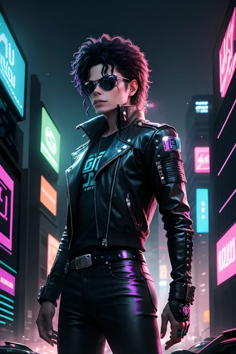 michael jackson, cyber punk, cidade ,luzes neon, futuristic,aliens.