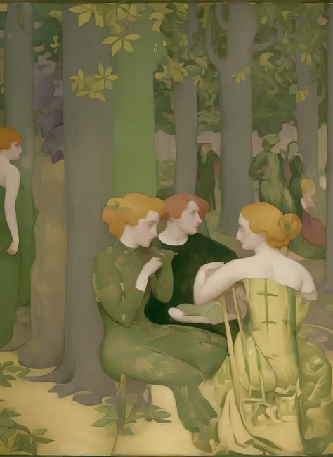 Painting of a group of people sitting in a forest with trees, Directed by: Maurice Denis, Directed by: Charles Angrand, inspirado em Maurice Denis, Directed by: Paul Ranson, Directed by: Jan Toorop, Directed by: Felice Casorati, Directed by: Georges Lemmen...