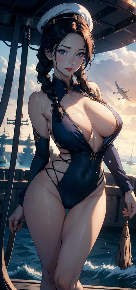 1female，35yo，plumw，extremely large bosom，Big breasts Thin waist，Long legs， 独奏，（Background with：aircraft carrier，Mare，airships，warships），legs are open，Bare genitalia，Bare ， with his long black hair，Twist braids，Stand on a warship，seen from the front， ， most...