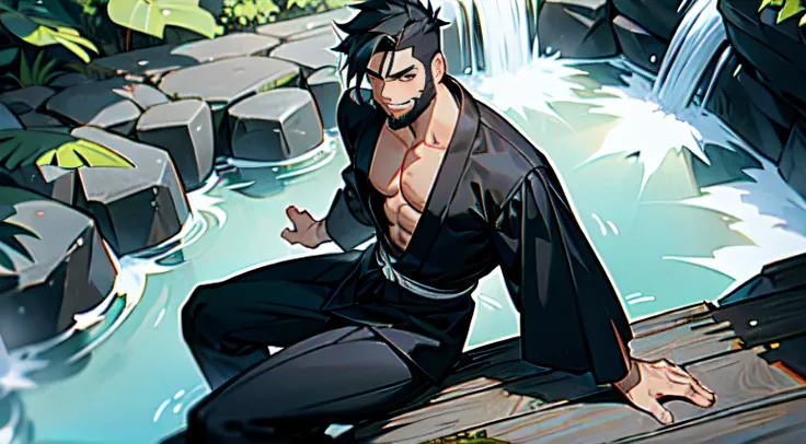 a tall, very masculine guy, with short, spiky black hair, very muscular, with muscles showing, in a black kimono showing his arms, smiling warmly, at a waterfall next to him, sitting and watching someone, at an angle from above, with a nice beard.