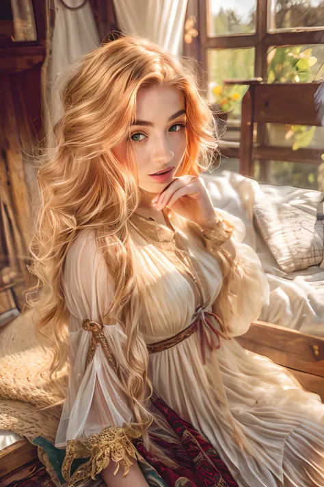 nordic young woman, cute face, seductive, best quality, masterpiece, translucent summer dress, golden hour, detailed textures, long braded hair, sitting on bed, posing, casual pose, wooden cottage, interior, [blush], aesthetic, intricate, caustics, light r...