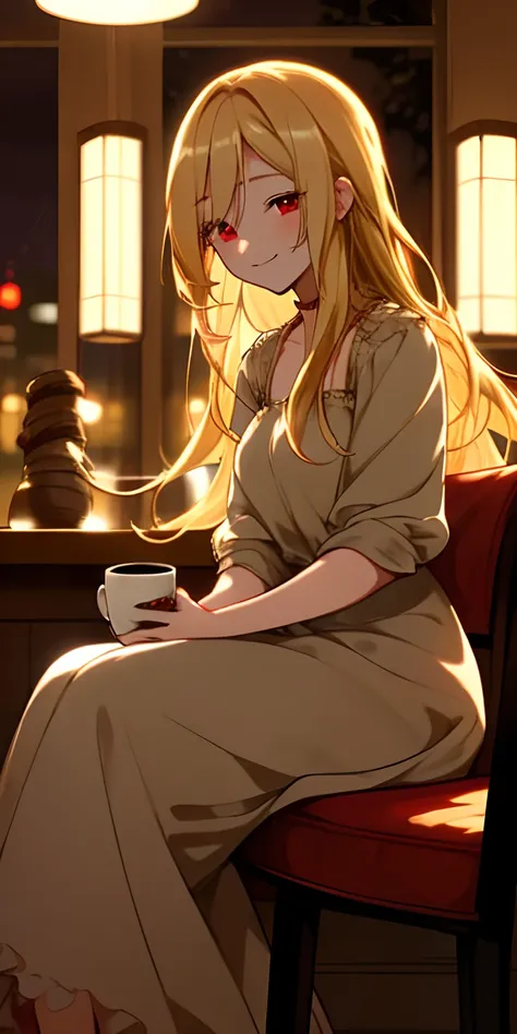 1Woman, blonde, long hair, red eyes, in a nighttime setting, giving a Delicate, gentle smile, beautiful smile,Sitting,Scenario Sitting in a coffee shop, cute clothes