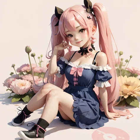 Cute chibi anime sitting on flowers, long pink hair with twin tails、Wear a blue mini dress, Smiling, Logo is cheap