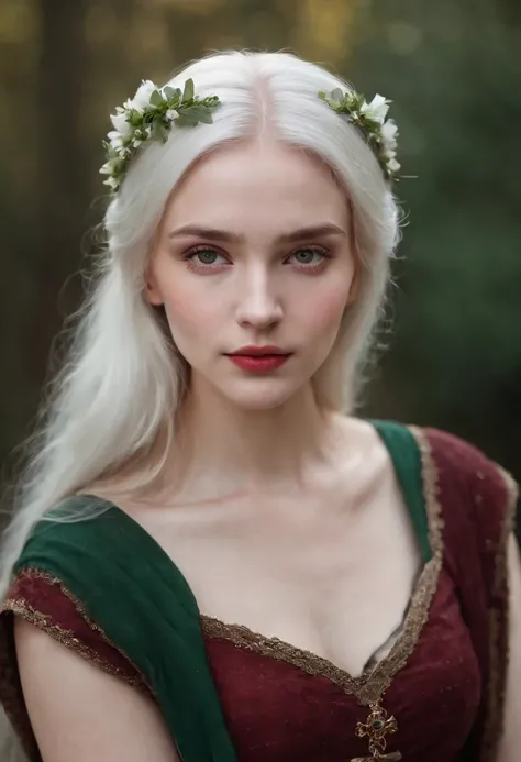 (((a deep reddish wound crosses her left cheek))) fair complexion, woman around 19 years old, natural white hair, distinctive green eyes, wearing kohl, slender and graceful, beautiful, candlelight in a medieval setting, ultra sharp focus, realistic shot, m...