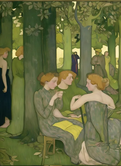 painting of a group of people sitting in a forest with trees, directed by: maurice denis, directed by: charles angrand, inspirad...