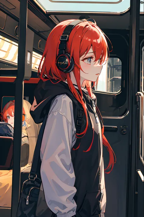 (masuter piece、side lights、ultra-detailliert、inely detailed beautiful eyes: 1.2)、1girl in、bags、buliding、from side、headphones、hoods、hood down、hooded jacket、parka、jaket、Long、orange color hair、profile、redhair、独奏、train、inside of a car、The upper part of the bod...