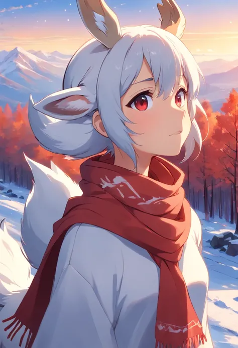 furry, humanoid deer, white deer, red scarf, grey eyes, looking at the sky, full quality