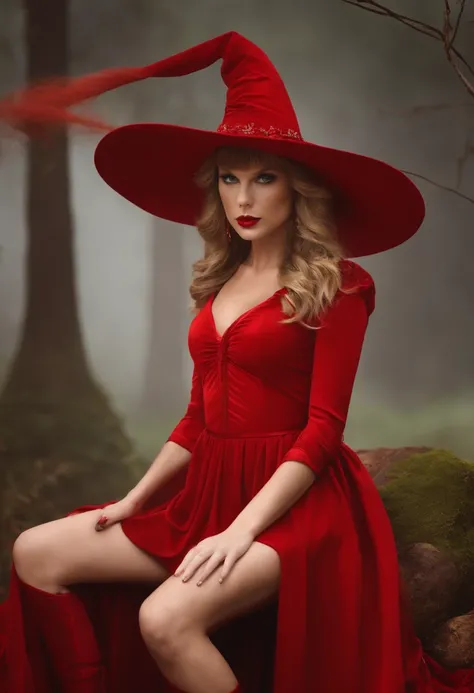 Taylor swift as a witch wearing all red witch outfit