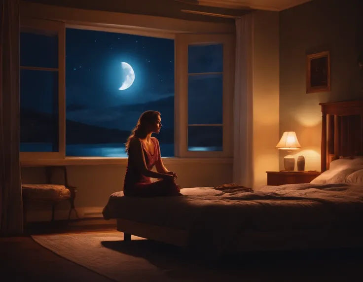 sad woman listening to music in her room moonbeams coming through the window at night 2d image