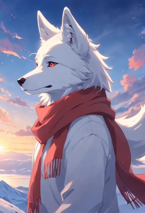 furry, humanoid wolf, white wolf, red scarf, grey eyes, looking at the sky, full quality