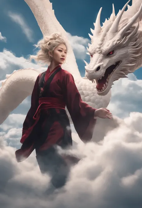 (estilo Jujutsu kaisen) The Chinese white divine dragon rose into the air, (Girl manipulates dragons; 1.3) , (The girl is facing the camera : 1.3 ) , Clouds in the sky surround the surroundings , magia da luz , Fantastic background , significado de fundo ,...