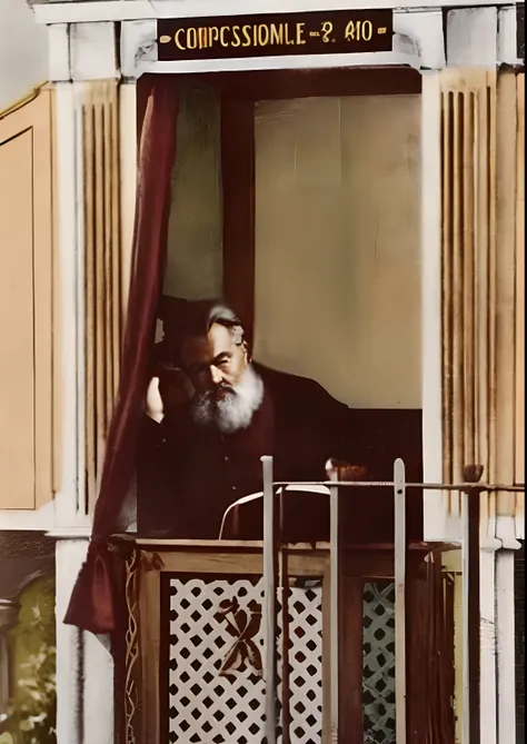 Theres a man whos sitting in a booth with a phone, cena da varanda, in balcony of palace, counter, em uma varanda, 1907, 1911, colorido 1 9 0 4 foto, Karl Marx ponderando seu orbe, 1905, 1 9 0 5, hand - tinted, 1904, 1910