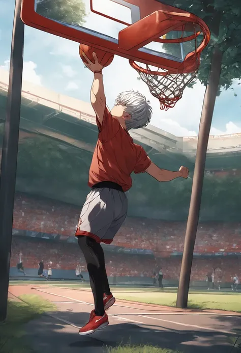 Best Quality, mastepiece, 超A high resolution, Kaneki Ken lifting and jumping basketball, Dunk posture, Basketball goalposts, tre anatomically correct, a park