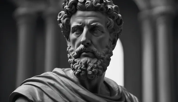 a portrait statue of the stoic Marcus Aurelius in black and white 4K,Face de lado, papel de parede super realista