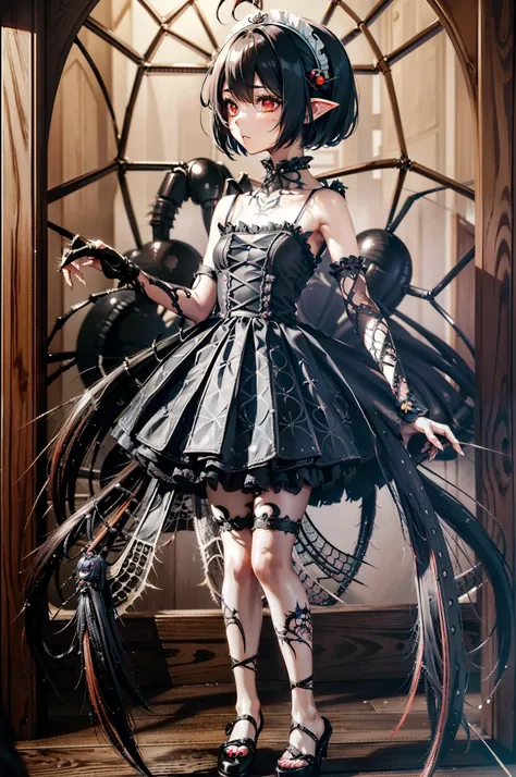 beautiful girl fused with a spider. girl in japanese style maid costume. ((female solo. 1.1)) . hiquality. dark fantasy style il...