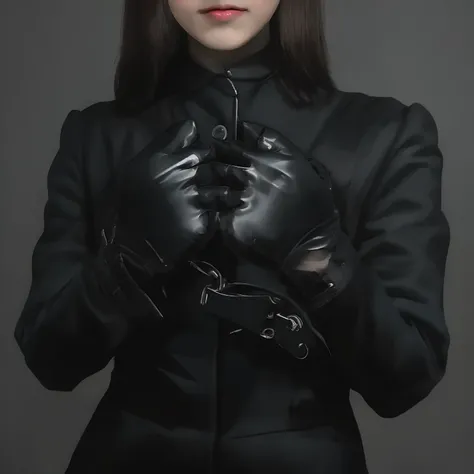 Young Japan woman lifting black suit up to shirt, Black leather gloves worn on both hands, Hands of a woman in a black suit and black leather gloves in front of her