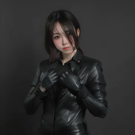 Young Japan woman lifting black suit up to shirt, Black leather gloves worn on both hands, Hands of a woman in a black suit and black leather gloves in front of her