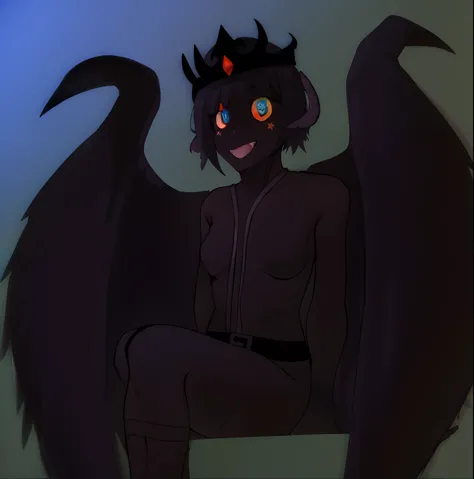 Nahaufnahme einer Karikatur einer Person mit einer Krone, Frau, Kizi, has black wings, mit Orange leuchtenden Augen, Villainy has black angel wings, mit leuchtenden Augen, Demon male, dark feathery wings, mit leuchtend orangenen Augen, demon girl, with lar...