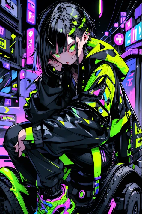 girl, yellow long hair, cool black open short jacket, tatoos, messy fade cut hair, crazy, sit pose, on futuristic neon night street background,poser