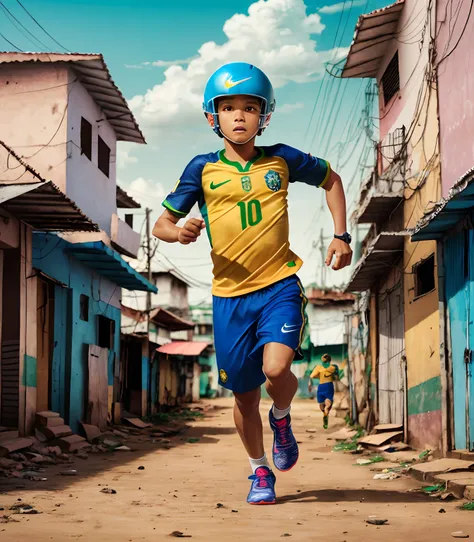 A little guy running in a Brazilian favela, with a number 10 brazil jersey of nike and without sponsor, beautiful sky 4k, hyper-realistic, intricate detailed, detailed background --auto --s2