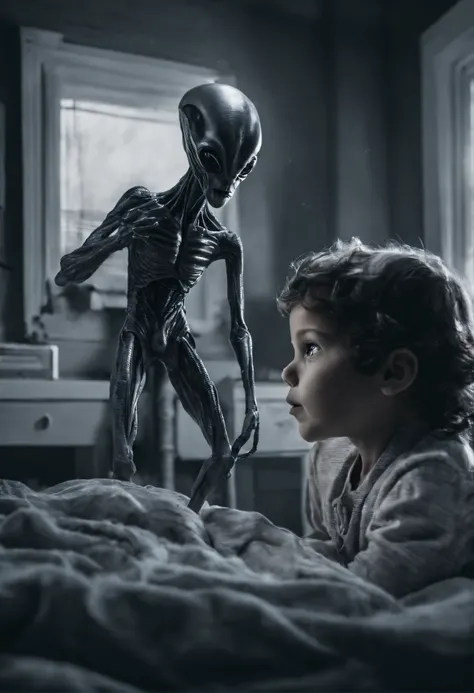 Camera footage of a small gray alien kidnapping a sleeping child in a room, Realistic, night vision