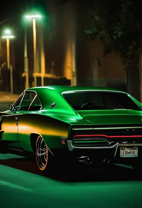 Dodge Charger 70, coche color verde intenso oscuro, Faros encendidos,  Cinematographer,  Camino, raza, Backgraund oscuro