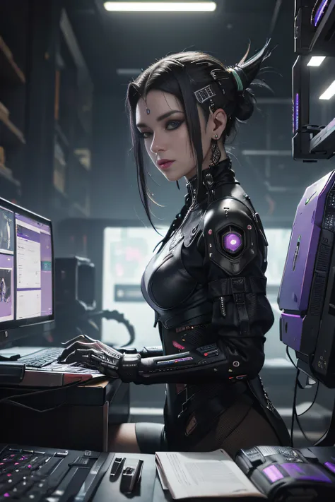 HDR , ((Melhor qualidade)), ((obra-prima)), (altamente detalhado:1.3), 3D, bela (cyberpunk:1.3) hacker mulher com cabelo volumoso grosso , operando um terminal de computador , 8k