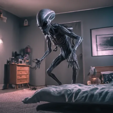 Camera footage of a gray alien kidnapping a sleeping child in a room, Realistic, night vision