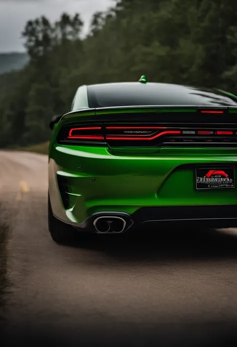 Dodge Charger 2022, coche color verde intenso oscuro, Faros encendidos,  Cinematographer,  Camino, raza, Backgraund oscuro