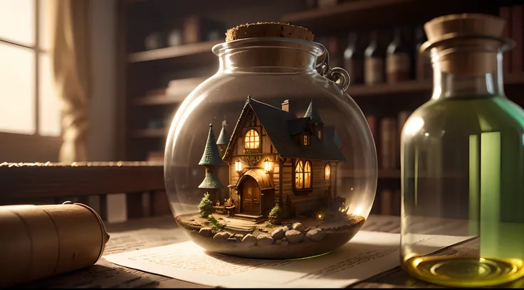 Busy fantasy village inside glass bottle sitting on antique writing desk