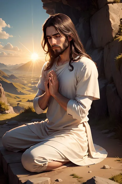 Jesus in meditation with his hands together and with realistic landscape in the background with the sun shining on him