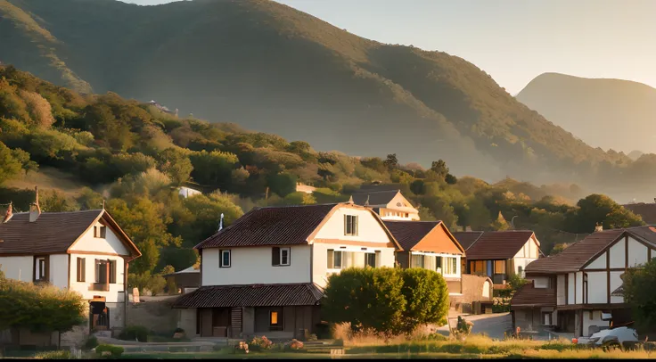 Remote, picturesque village nestled between majestic mountains and bathed in the soft golden light of the setting sun