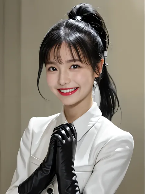 Black leather gloves in both hands, blazer and ribbon uniform, black hair ponytail, upper body, conversation with a smile with a black smartphone, cute Japanese girl (black leather gloves covering both hands) traveling alone、BLACK leather gloves