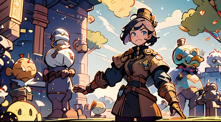 personagem, garota, uniforme militar, roupa steam punk, electric gauntlet, postman's hat.