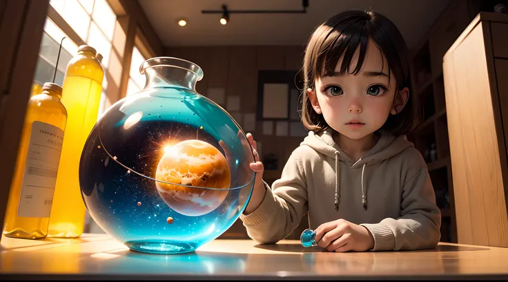 Child holding glass bottle with solar system inside