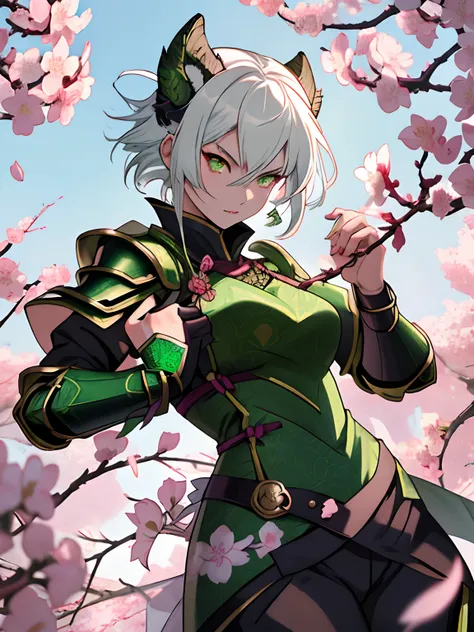 Asian girl with glowing green eyes, pure short white hair, fierce determination, killer intent, female, anime style, 4k image ,wrapped around in rose vines, wearing green dragon pattern metal armor outfit, ethereal, cherry blossom  background