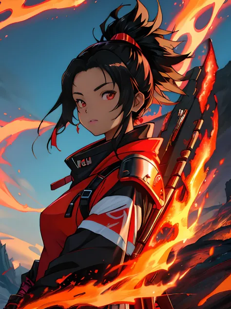 Native Hawaiian girl with fiery red eyes, black hair, female, anime style, 4k image, wrapped around in fire, wearing futuristic armor street wear outfit, ethereal, volcano background