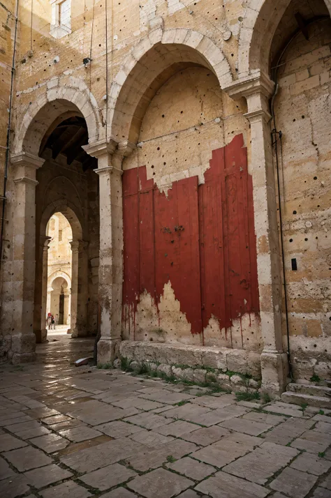 The Cathedral of Matera has walls covered with red paint that comes off. Is made of peeling woodplanks